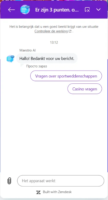 Winnerz Casino klantenservice chat met vragen over sportweddenschappen en casino