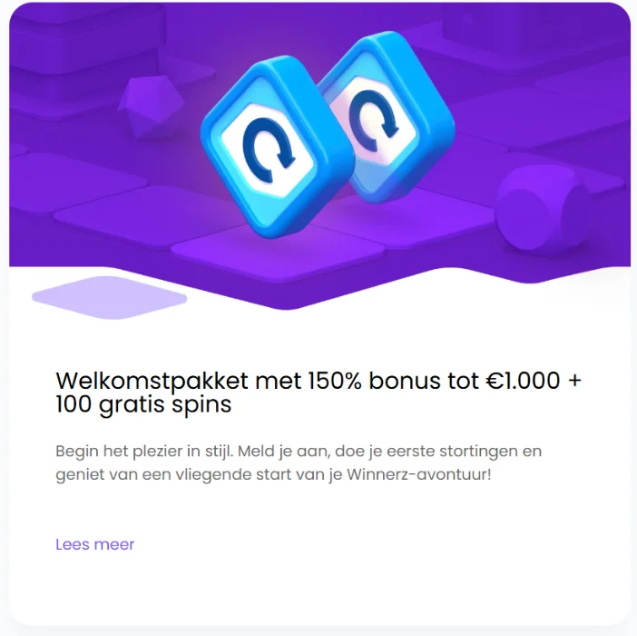 Winnerz Casino welkomstpakket met 150% bonus tot €1.000 en 100 gratis spins