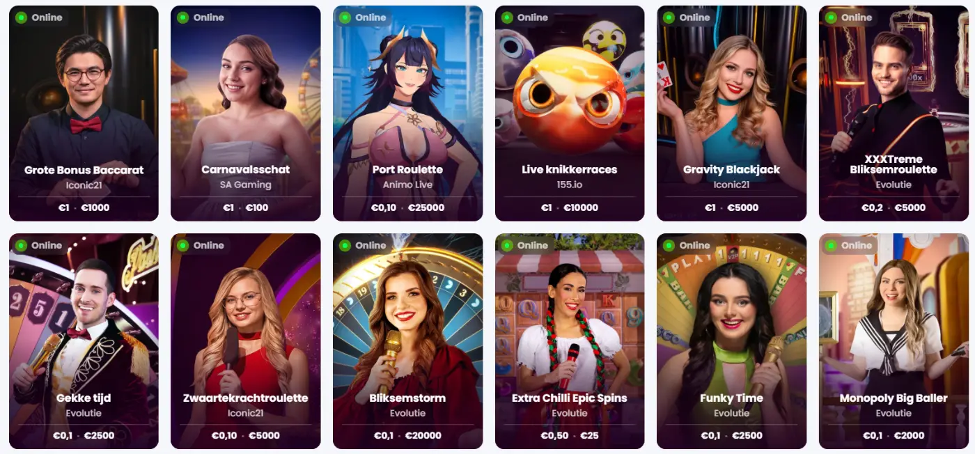 Winnerz Casino overzicht met live casino spellen zoals baccarat, roulette en blackjack
