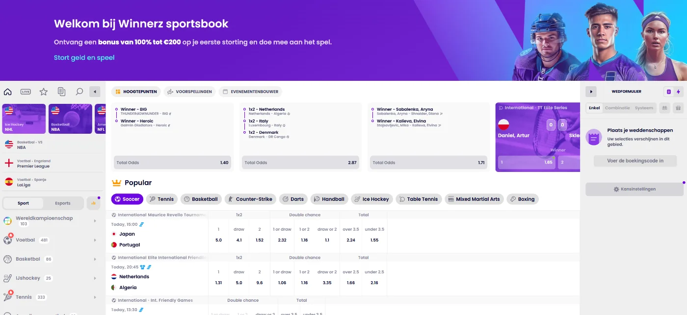 Winnerz Casino sportsbook met sportwedstrijden, odds en weddenschapsformulier