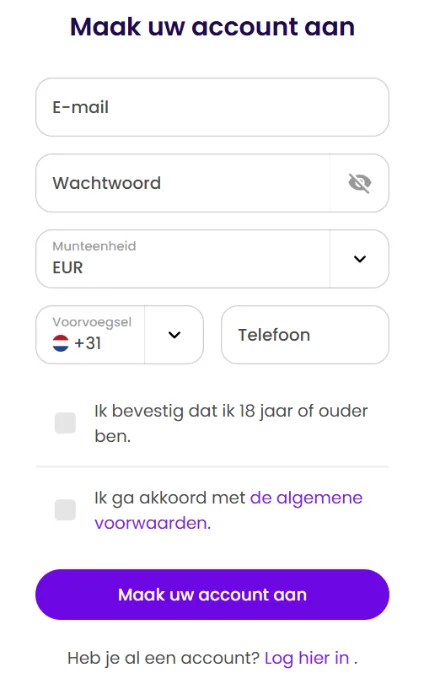 Winnerz Casino registratieformulier met e-mail, wachtwoord en telefoonnummer